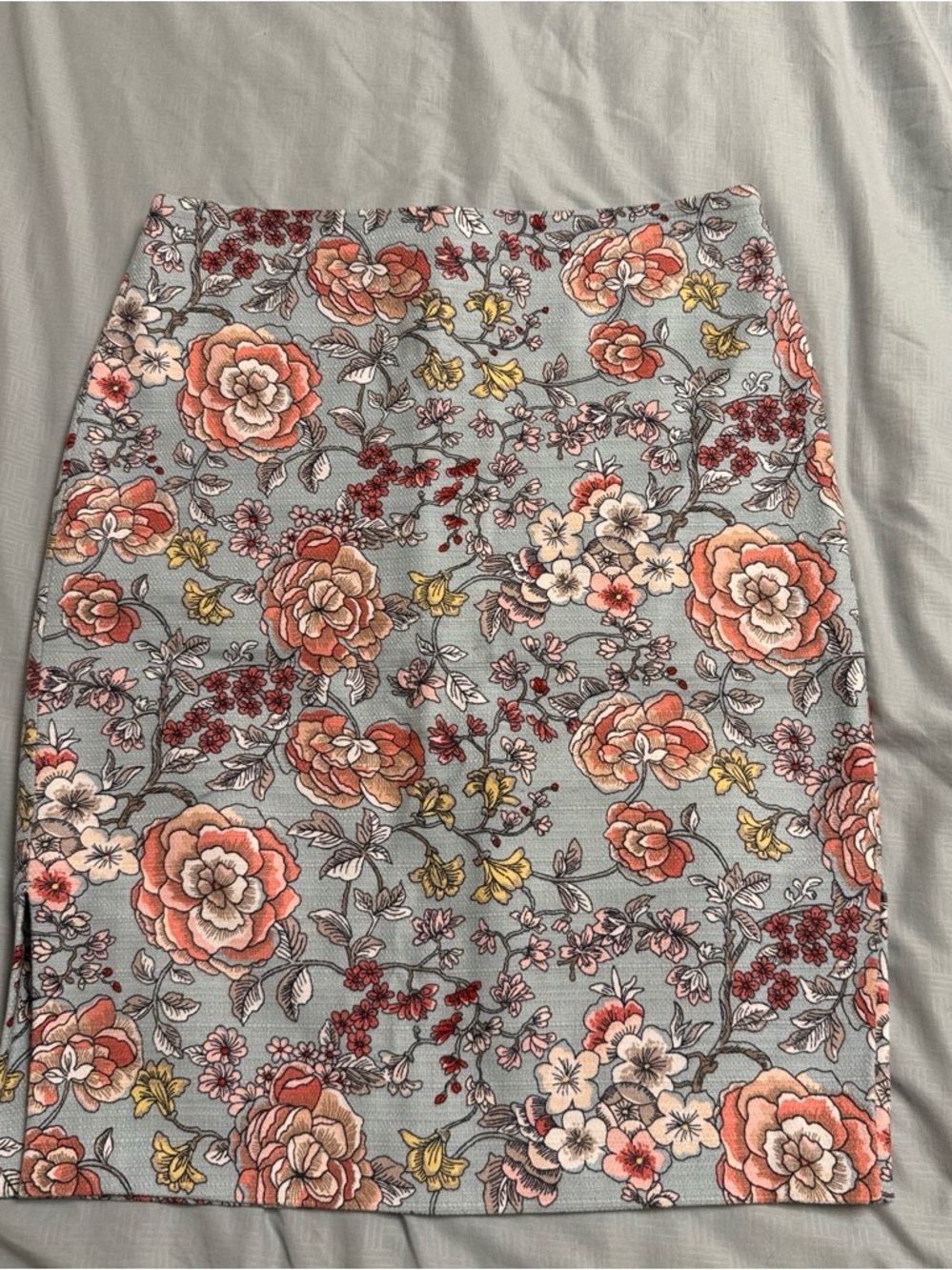 LOFT Floral Pencil Skirt in Dusty Blue with Coral Blooms